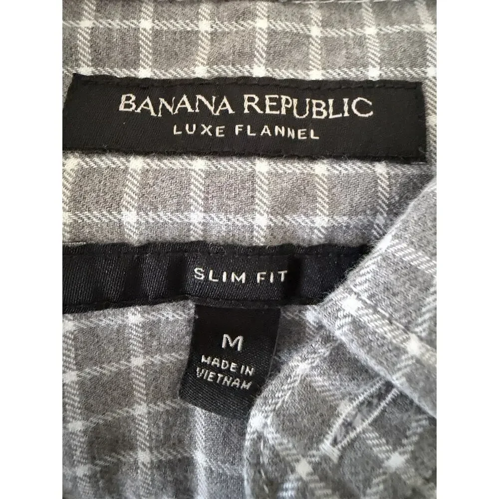 Banana Republic Luxe Slim Fit Men's Medium Button Down Gray Grid Flannel
